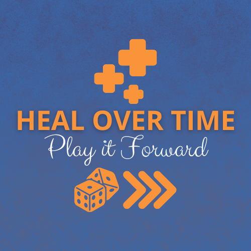 The heal over time logo features healing plus symbols dice and a forward symbol in blue and orange.